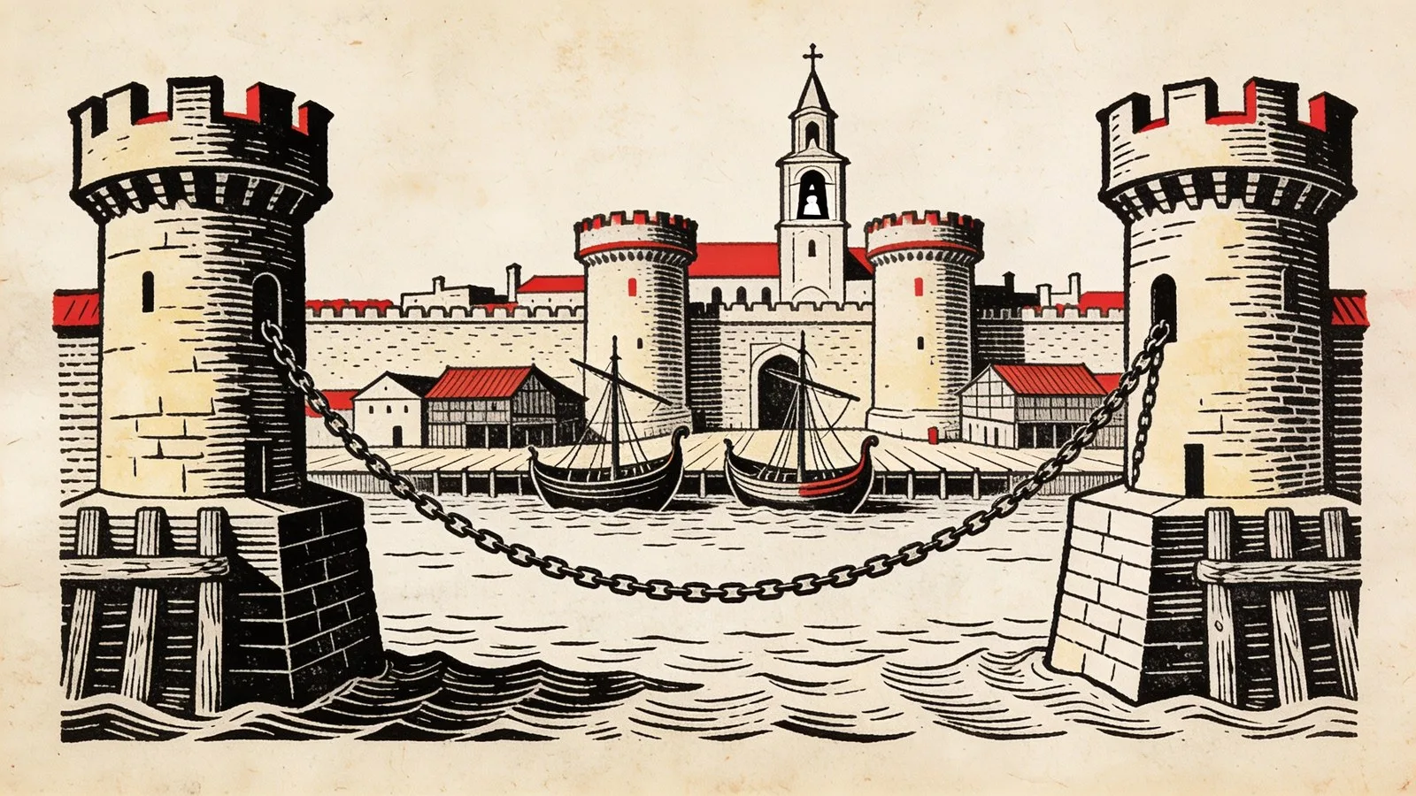 Le port fortifié d'Acre vu de la mer, avec sa chaîne tendue entre deux tours, des galères à quai, des entrepôts et le clocher d'une église dominant les remparts