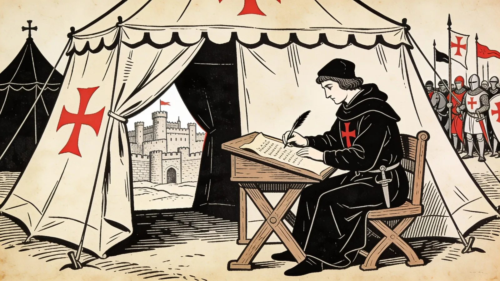 Un clerc normand écrit des vers à la plume sous une tente de camp croisé, avec des chevaliers, des bannières et une ville assiégée visibles à l'entrée