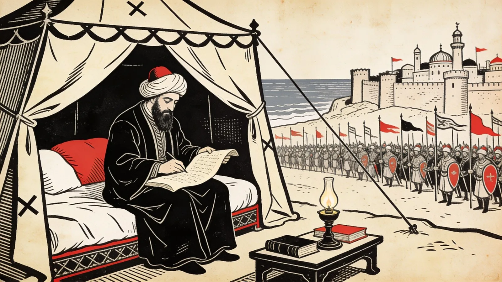 Un juge musulman en turban écrit sur un rouleau près de la tente d'un sultan, avec un camp, des bannières et une ville fortifiée au loin