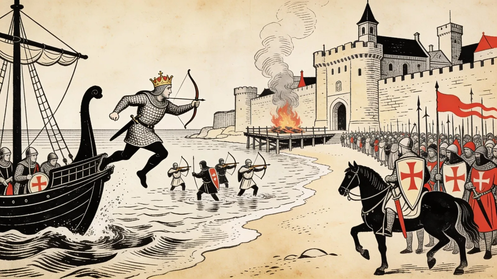 Un roi en cotte de mailles saute d'une galère dans les vagues devant un port fortifié, suivi de quelques chevaliers et arbalétriers, face à une armée de cavaliers sur la plage