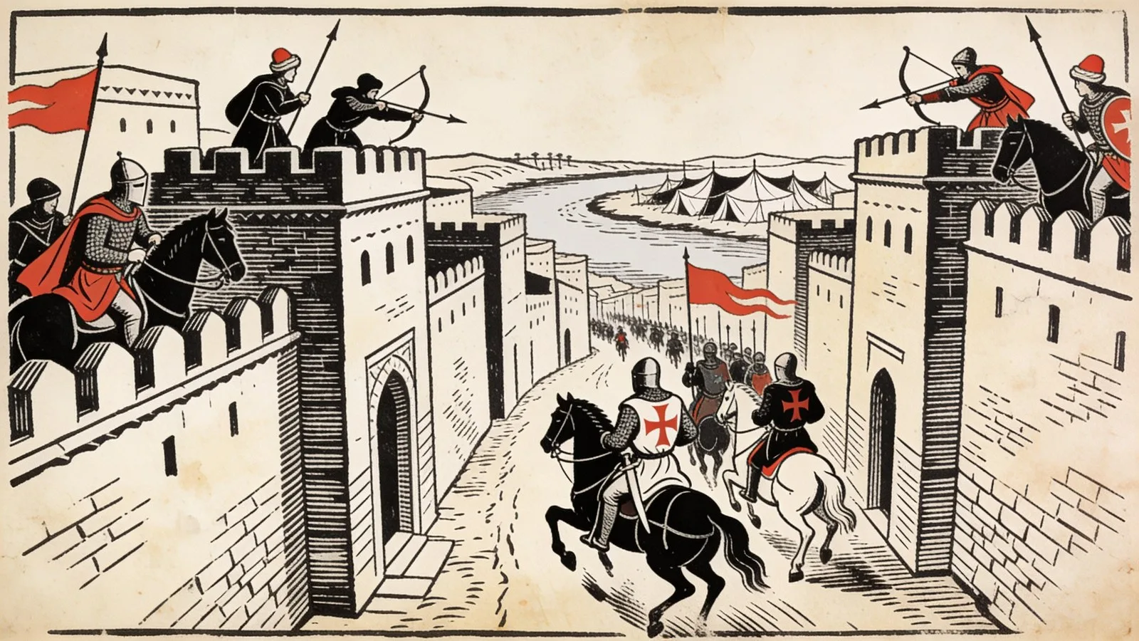 Chevaliers francs lancés au galop dans une ruelle étroite d'une ville égyptienne, cavaliers mamelouks et archers refermant le piège