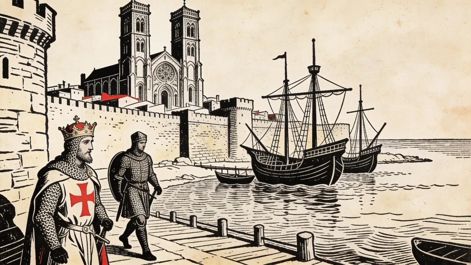 Une cathédrale gothique à deux tours se dresse au-dessus d'un port fortifié où sont ancrées des galères ; au premier plan, un roi croisé couronné et un chevalier débarquent sur le quai