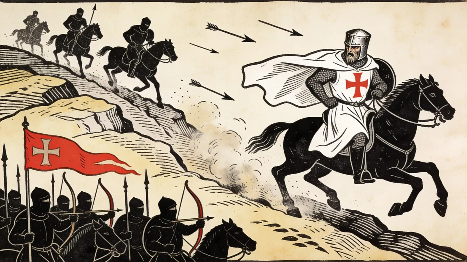 Un maître du Temple en manteau blanc à croix rouge chargeant à la tête de quelques chevaliers sur une pente rocheuse de Galilée, face à une ligne d'archers montés