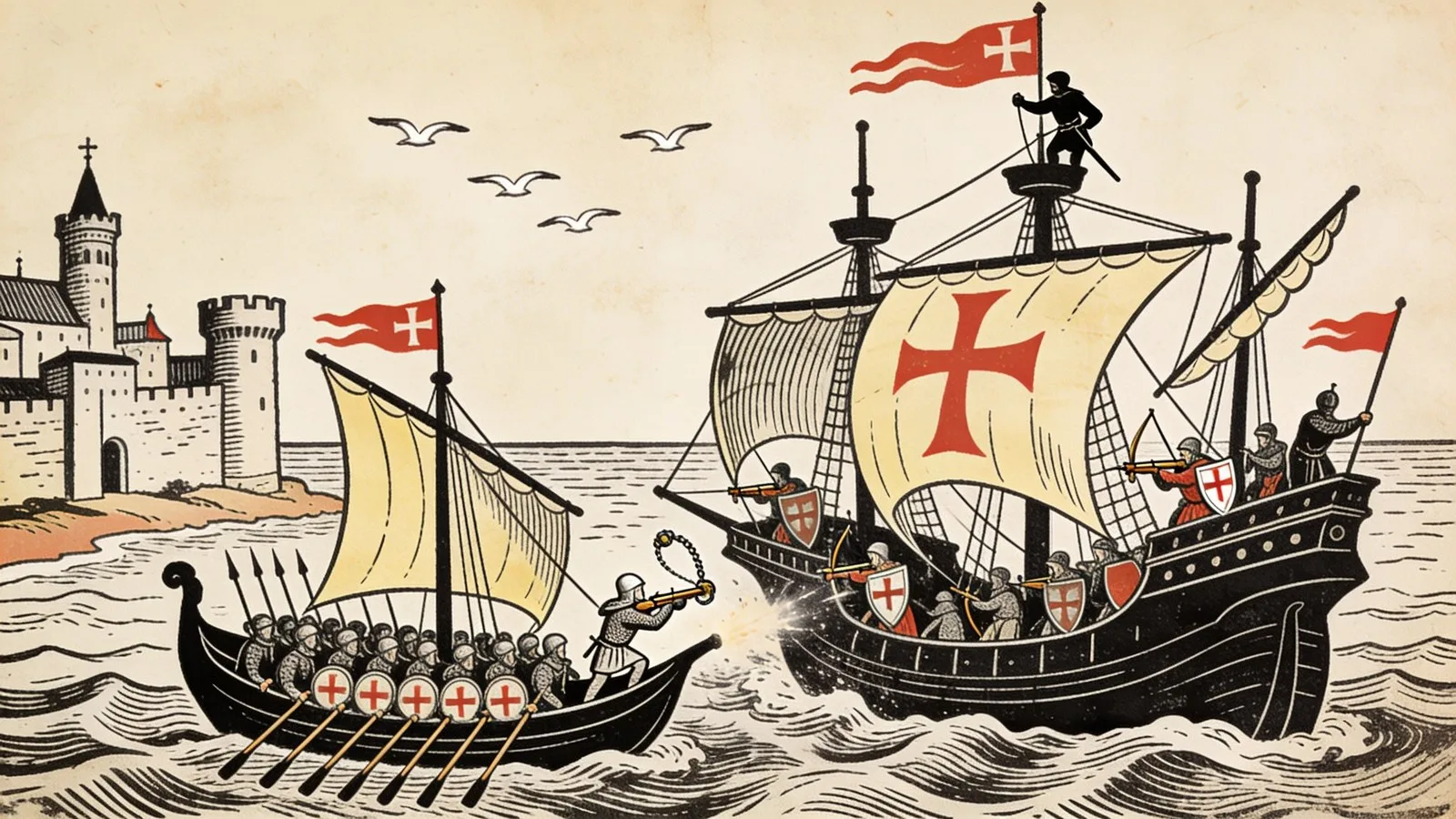 Une galère croisée à rames et voile latine attaque un grand navire à trois mâts au large d'un port fortifié, arbalétriers et chevaliers aux écus croisés sur les ponts
