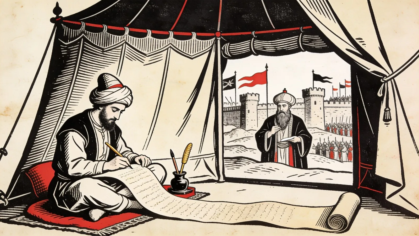 Un scribe enturbanné écrit sur un long rouleau dans la tente d'un sultan, tandis que celui-ci dicte et qu'une ville fortifiée apparaît au loin