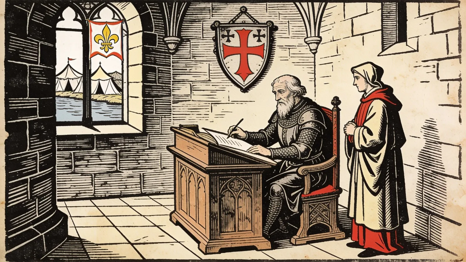 Un vieux chevalier assis à un pupitre de bois dans la salle d'un château dicte à un scribe ; au mur, un bouclier de croisé, et par la fenêtre un fleuve et des tentes sous une bannière fleurdelisée