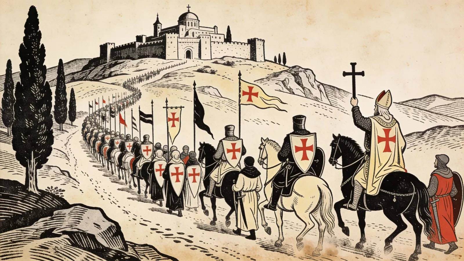 Une colonne de chevaliers croisés et de pèlerins marchant vers Jérusalem, un évêque brandissant la croix en tête