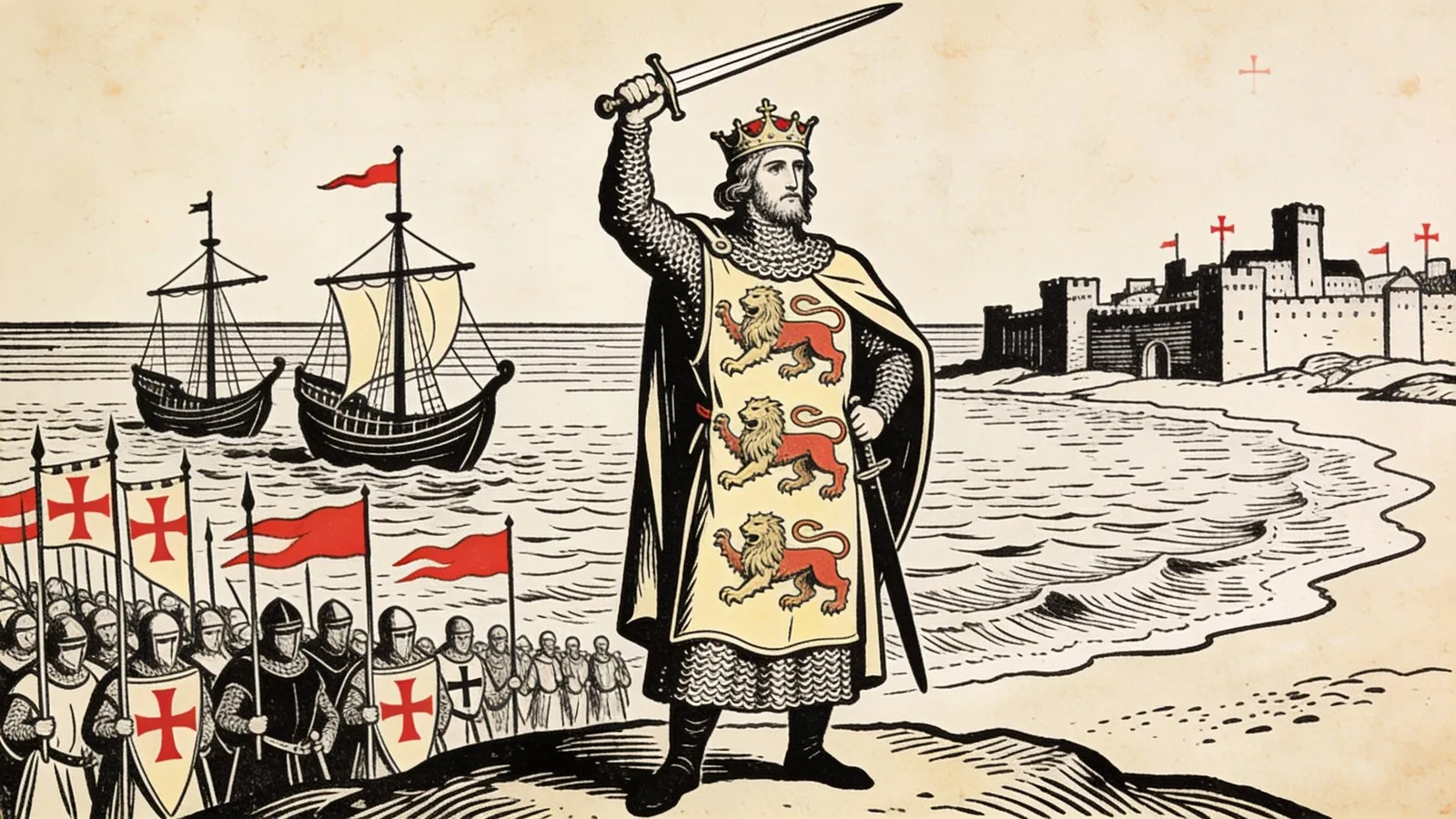 Richard Cœur de Lion en cotte de mailles, l'épée levée sur le rivage, son armée et ses bannières derrière lui, des galères à l'ancre devant une ville côtière assiégée