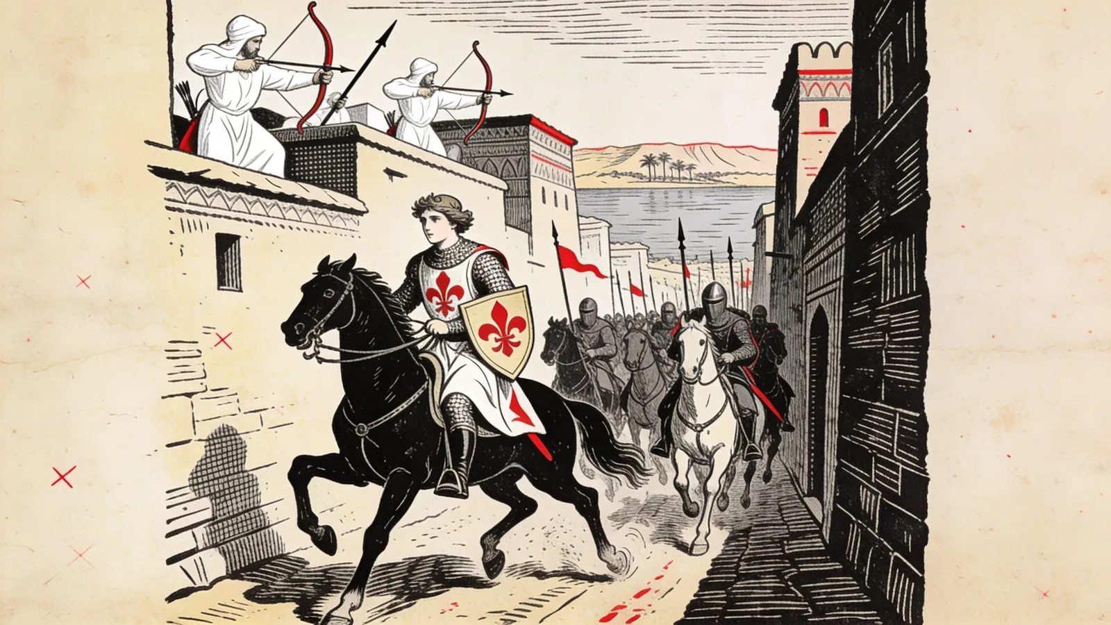Un jeune prince en cotte de mailles, surcot semé de fleurs de lis, mène une charge de chevaliers au galop dans une rue étroite d'une ville égyptienne, sous les lances des guerriers postés sur les toits