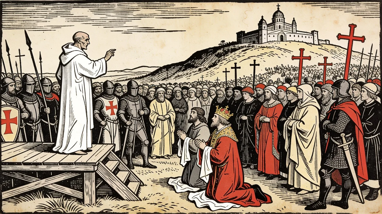 Un abbé cistercien en habit blanc prêchant du haut d'une estrade en plein champ devant une foule de chevaliers et un roi à genoux qui reçoit une croix de tissu