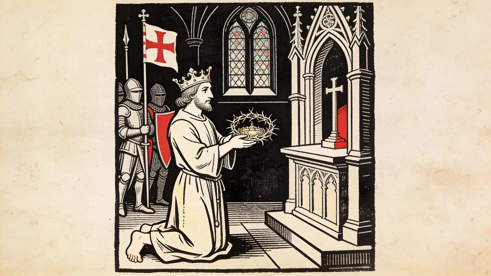 Le roi Louis IX en tunique de pèlerin, agenouillé devant le reliquaire de la couronne d'épines, une chapelle gothique et des chevaliers derrière lui