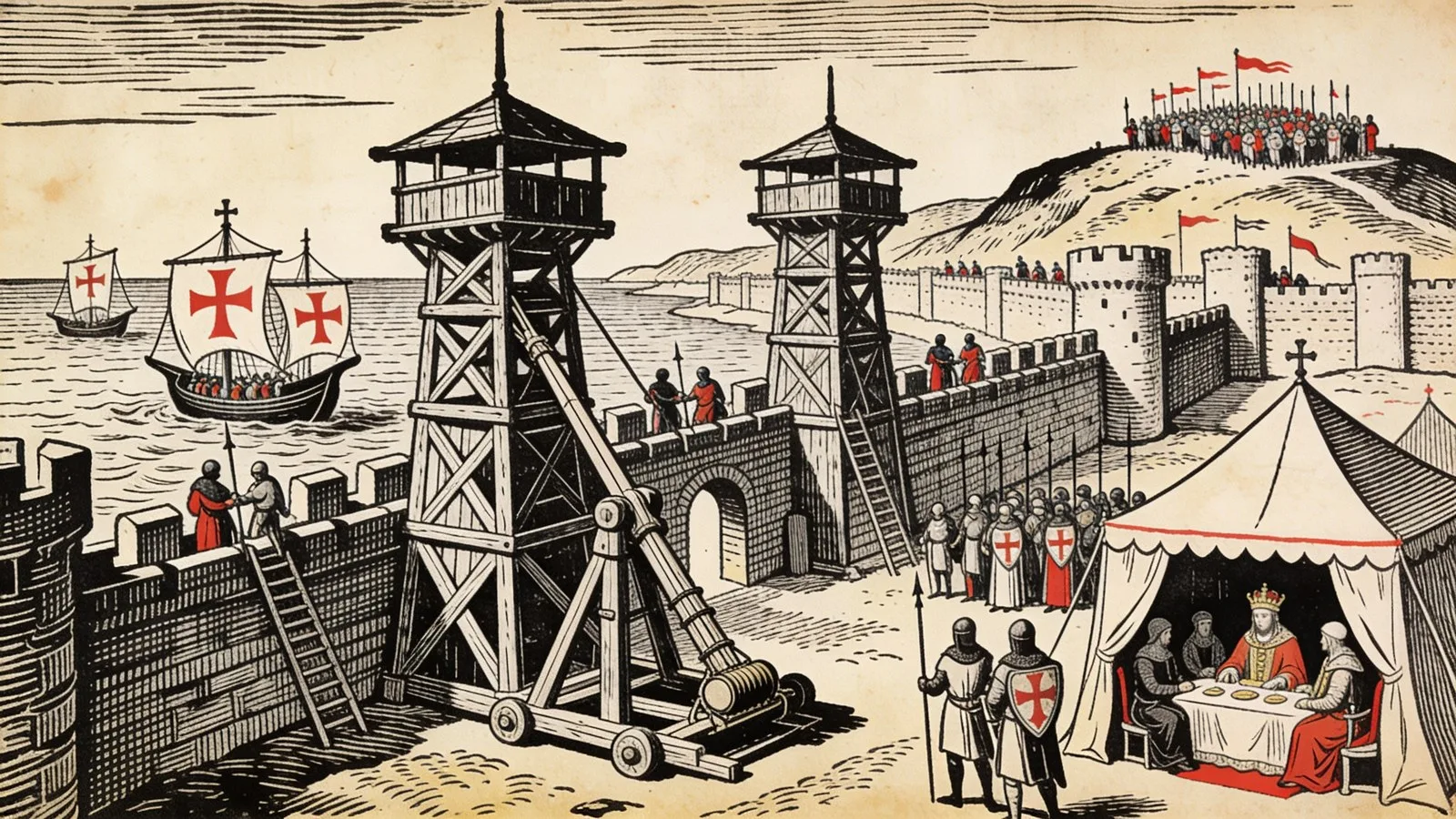 Camp croisé devant les remparts d'un port : tours de siège en bois, catapulte, navires à croix dans la baie et, au loin, le camp de l'armée de Saladin sur une colline