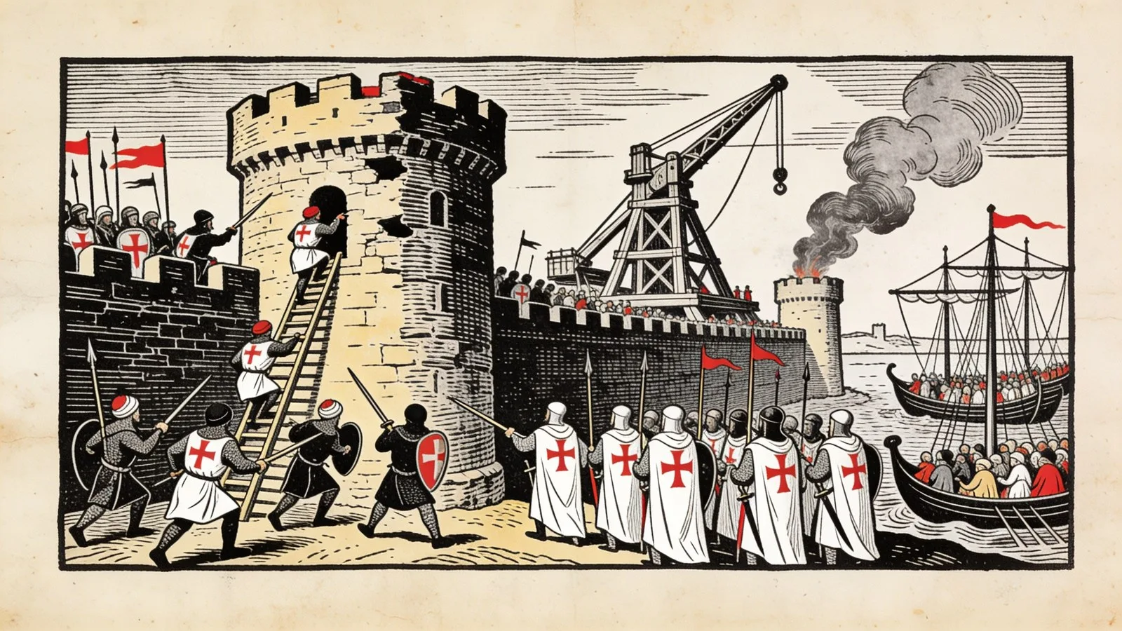 Soldats mamelouks montant à l'assaut d'une tour d'Acre brisée, sous le tir d'un grand trébuchet, tandis que des Templiers défendent les remparts et que des navires attendent au port