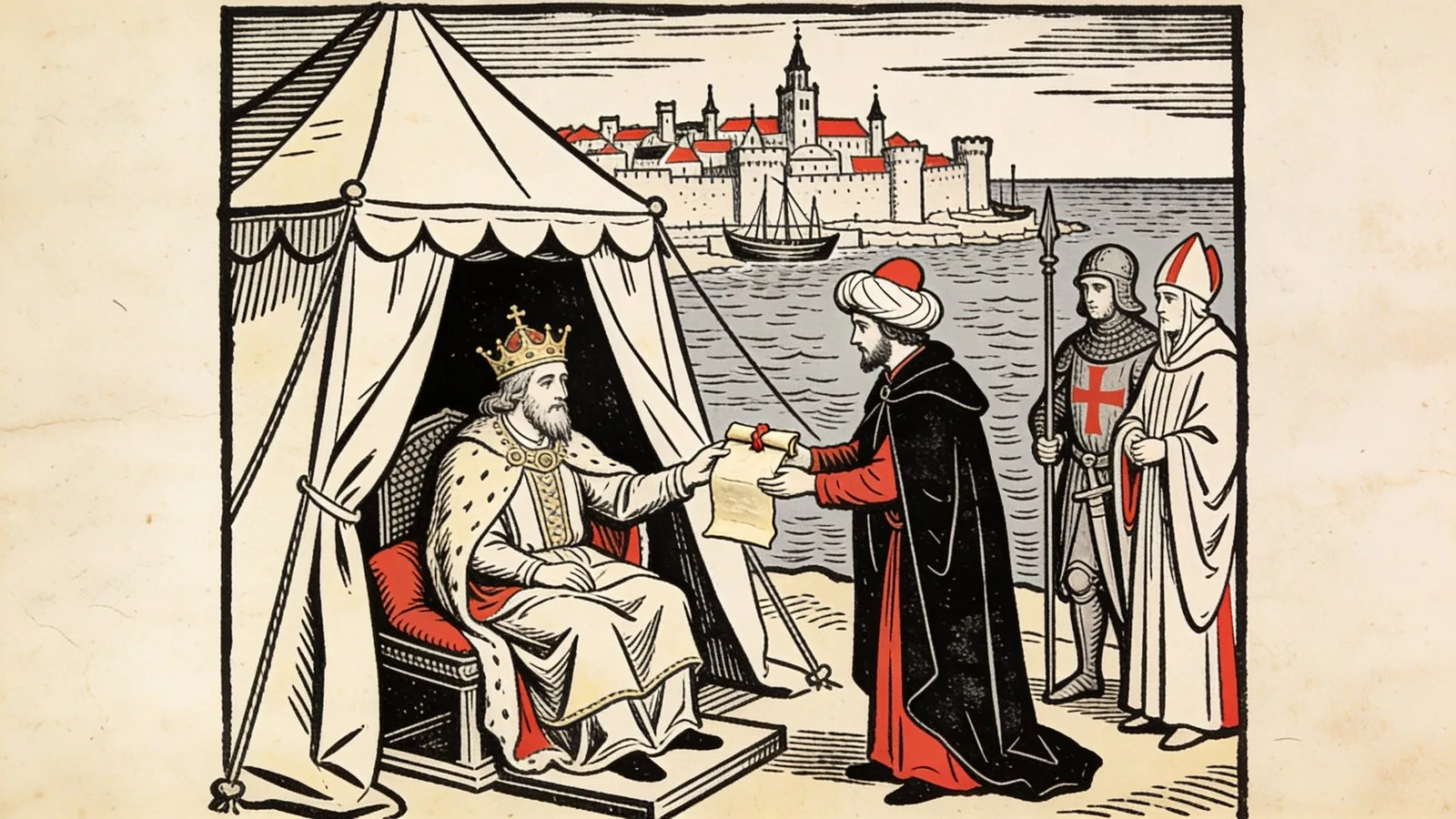 Un roi couronné, malade, assis sous une tente reçoit un émissaire enturbanné qui lui tend un parchemin scellé, un chevalier et un évêque à ses côtés, un port fortifié et la mer au loin