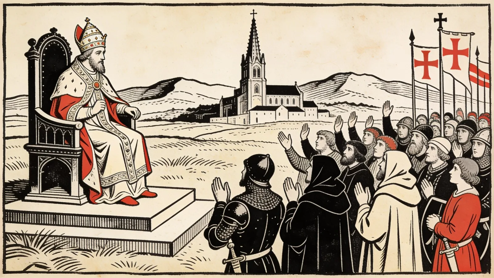 Le pape Urbain II en tiare, assis sur une estrade en plein champ, devant une foule de chevaliers et de moines aux mains levées